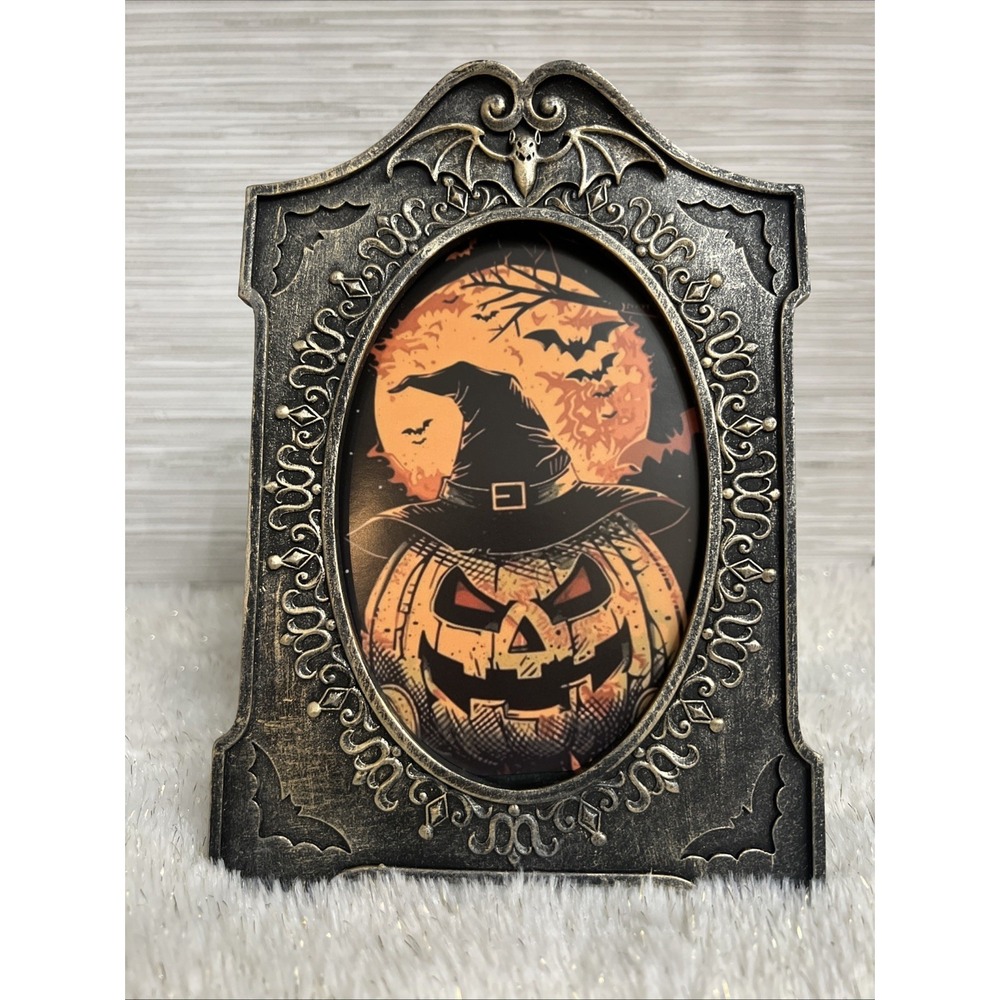 Halloween Bats Photo Frame Gold Tone Ornate Gothic‎ Tabletop Wall Mount 4X6
